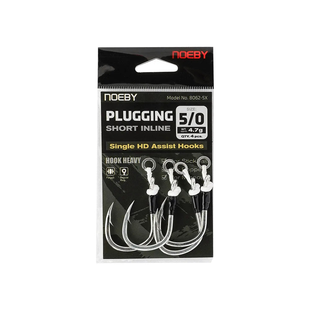 NOEBY Plugging Inline Single Assist Hooks | 4-Pack | 4/0–7/0 | 300lb PE