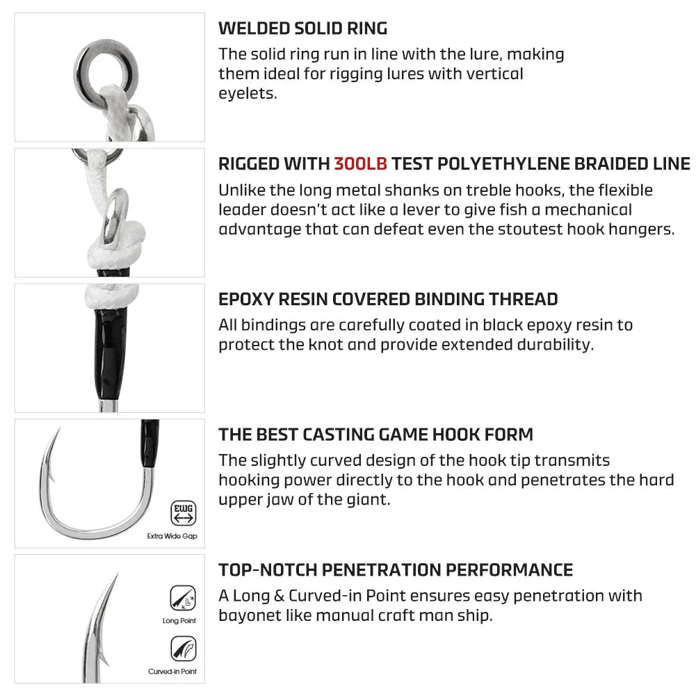 NOEBY Plugging Inline Single Assist Hooks | 4-Pack | 4/0–7/0 | 300lb PE