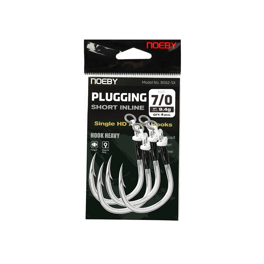 NOEBY Plugging Inline Single Assist Hooks | 4-Pack | 4/0–7/0 | 300lb PE