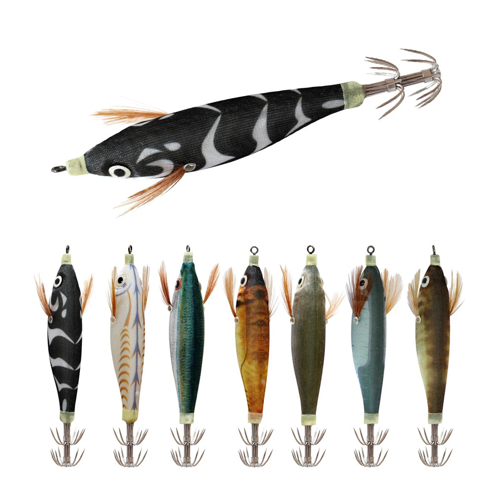 Luminous Wooden Squid Jigs (14-Pack) | 10cm 9g | Shrimp Body | 3D Eyes | Squid, Octopus & Cuttlefish Lures