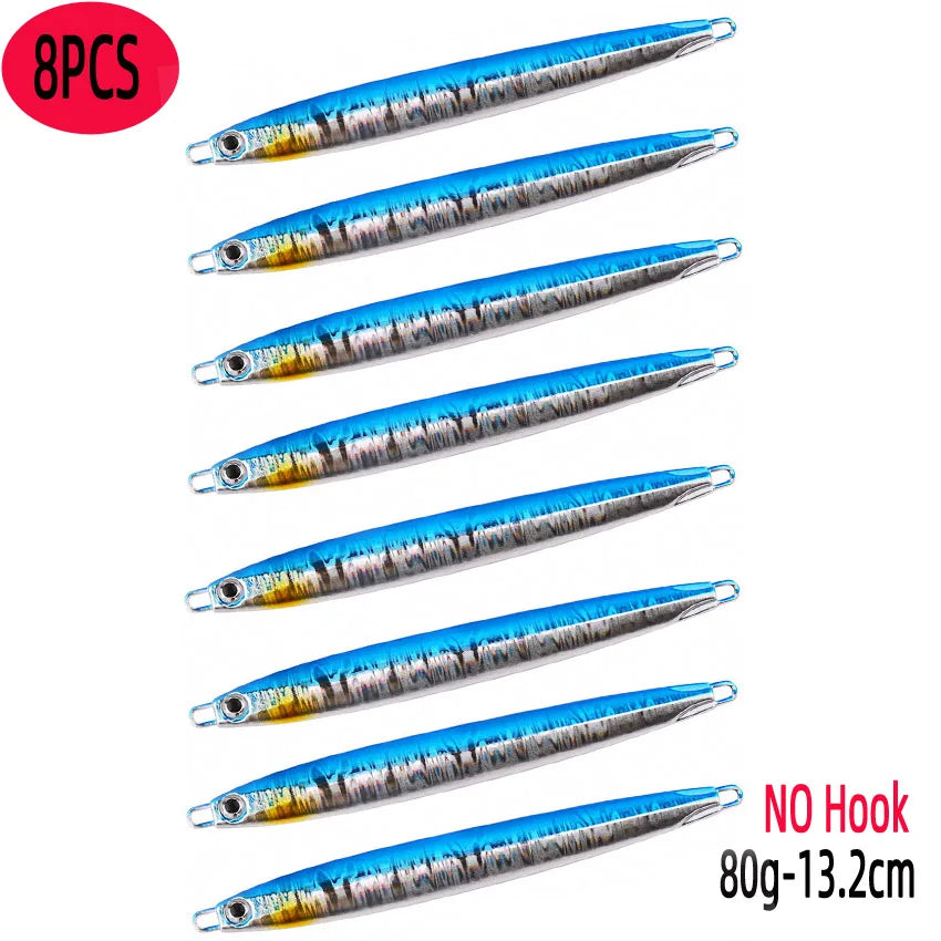Slim Jig Set – 8 pcs 80 g Metal Jigs (Optional Hooks, Saltwater Ready)
