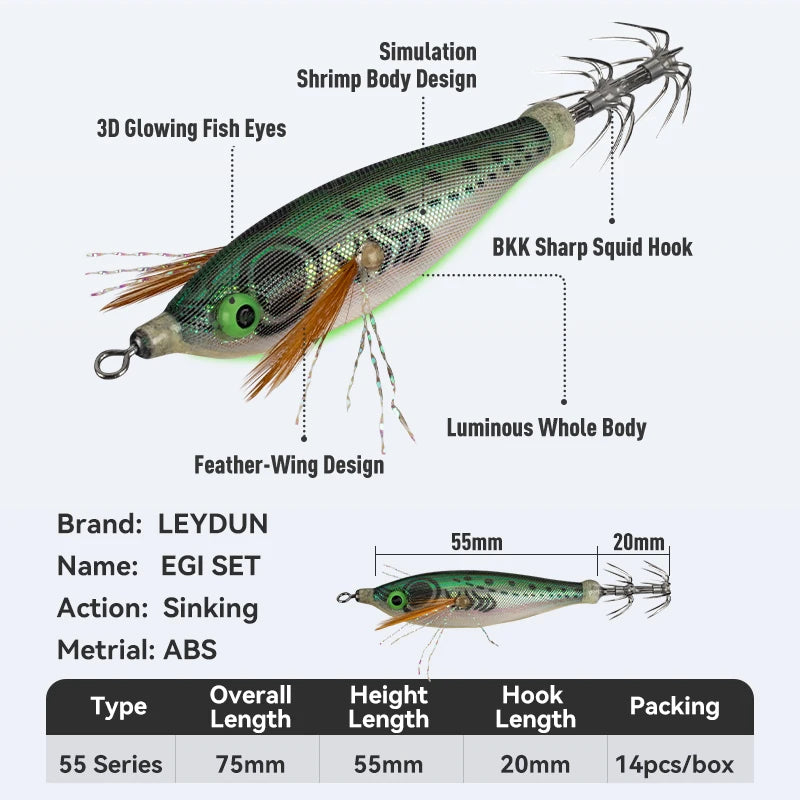 LEYDUN Wooden Squid Jigs Set (14-Pack) | Horizontal Shrimp Body | Luminous Eyes | BKK Hooks | Squid & Cuttlefish Lures