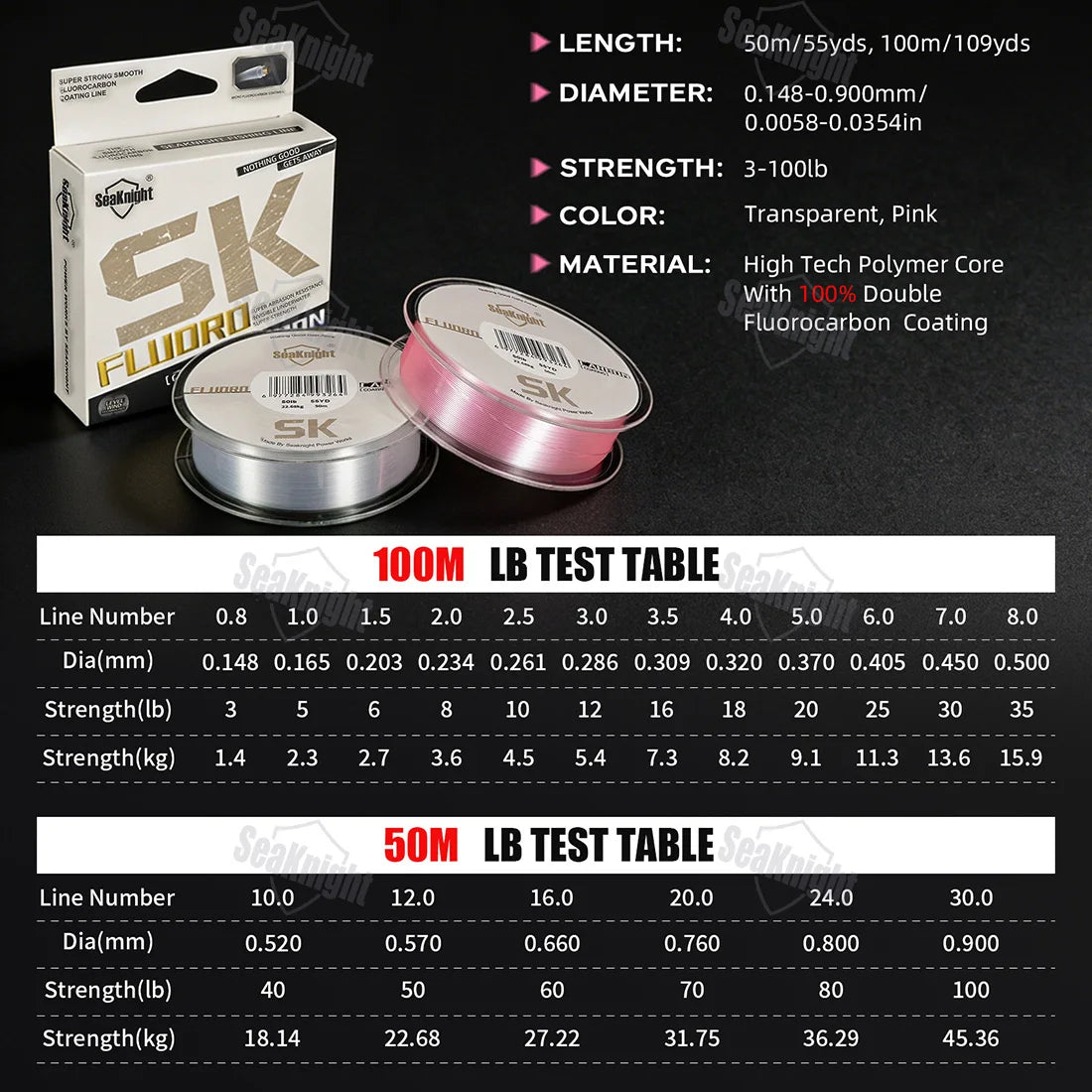 SeaKnight SK Series Fluorocarbon Coated Fishing Line | 3–100lb