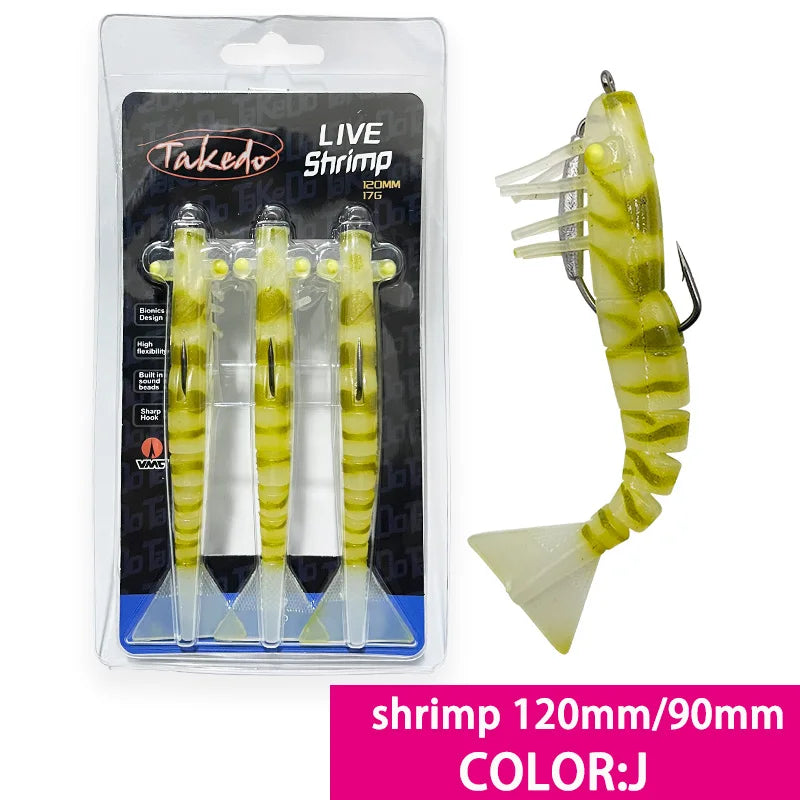 TAKEDO 3-Piece Dirty Prawn Lure Set β 90 mm & 120 mm Soft TPE Shrimp Lures with 5/0 VMC Hooks