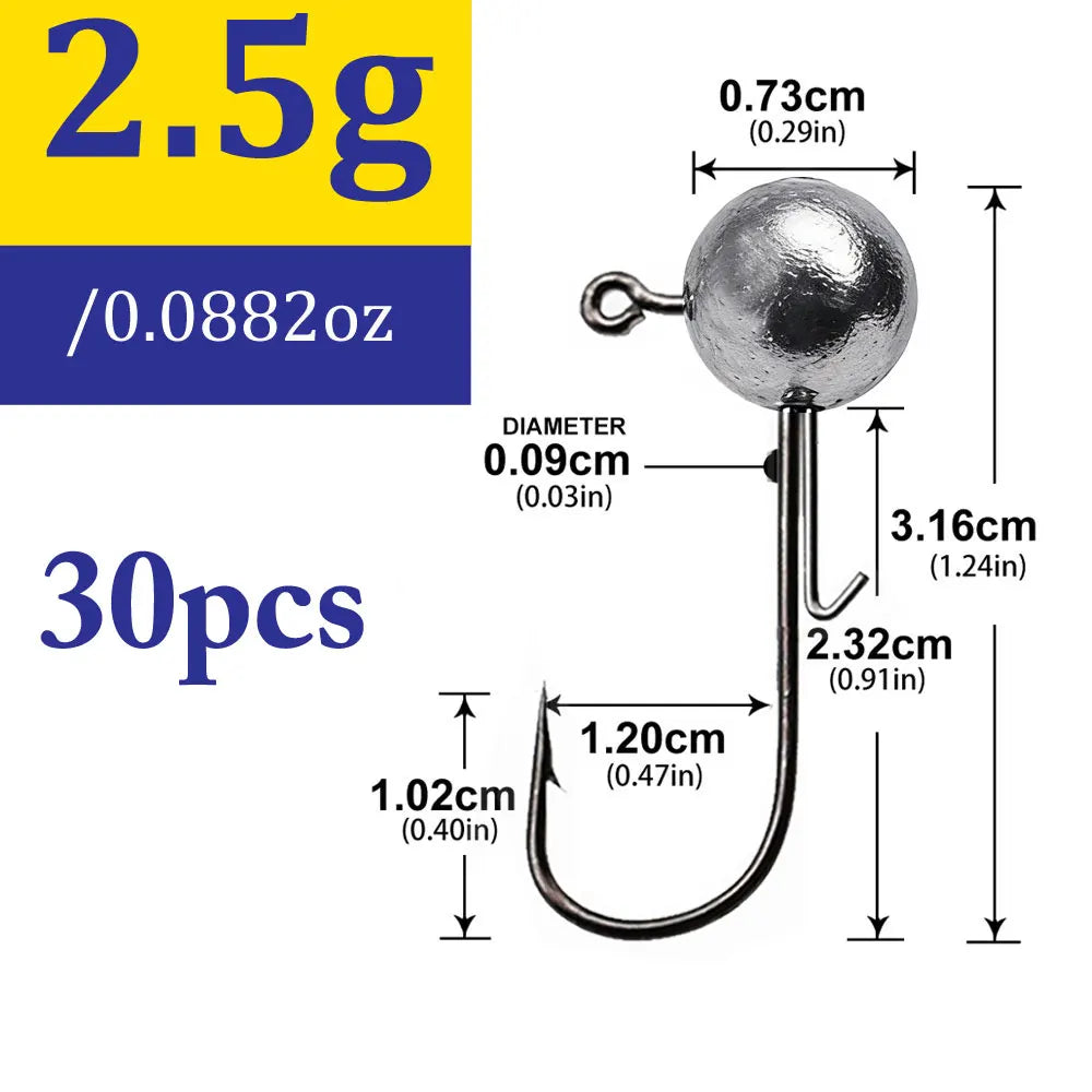 30-Piece Jig Head Hook Set | 1–20g Assorted Weights | Soft Plastic Fishing Hooks