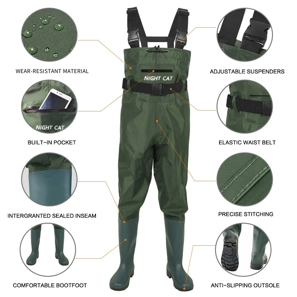 Night Cat Waterproof Chest Waders with Boots | Lightweight Fishing Waders | Sizes AU 6–13