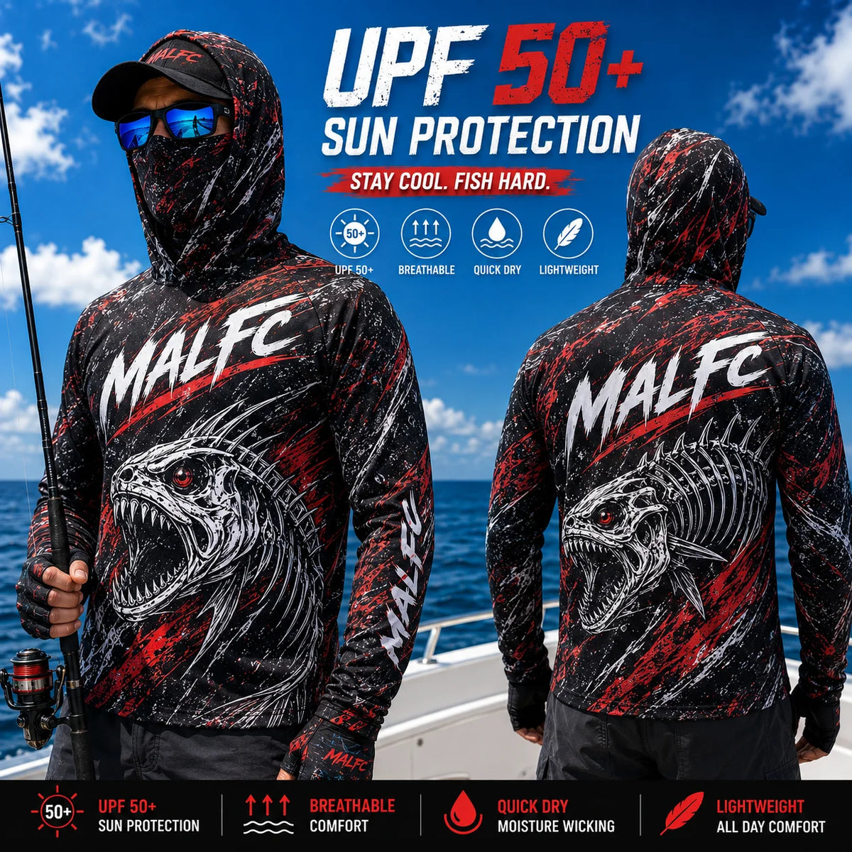 MALFC Men’s Hooded Long Sleeve Fishing Shirt | UV Sun Protection | S–3XL