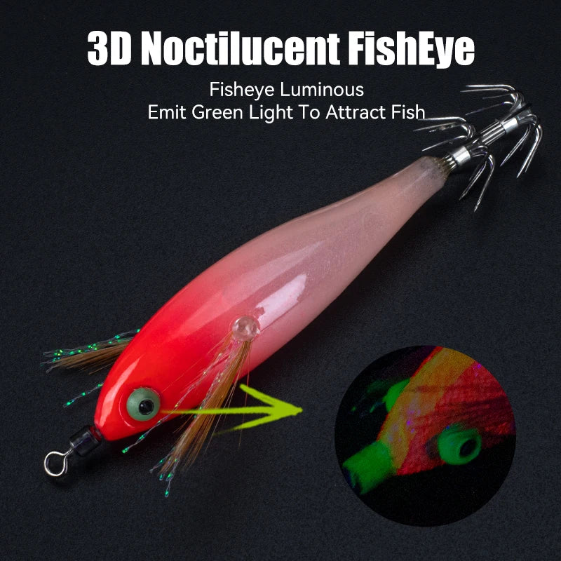 LEYDUN Wooden Squid Jigs Set (14-Pack) | Horizontal Shrimp Body | Luminous Eyes | BKK Hooks | Squid & Cuttlefish Lures