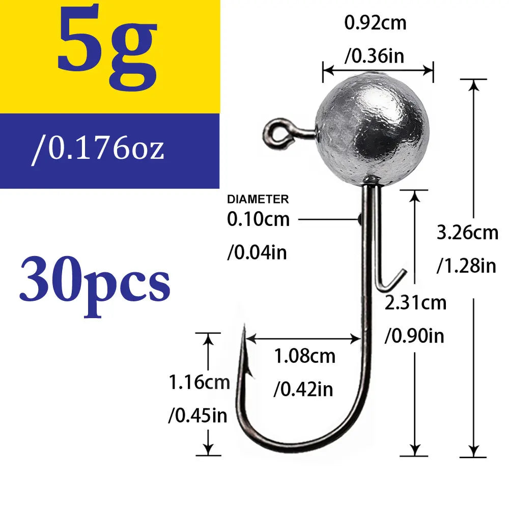 30-Piece Jig Head Hook Set | 1–20g Assorted Weights | Soft Plastic Fishing Hooks