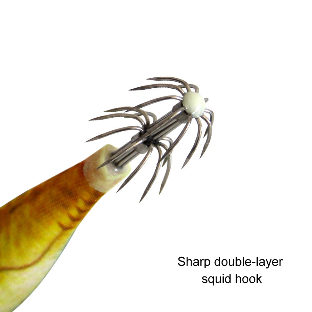 Luminous Wooden Squid Jigs (14-Pack) | 10cm 9g | Shrimp Body | 3D Eyes | Squid, Octopus & Cuttlefish Lures