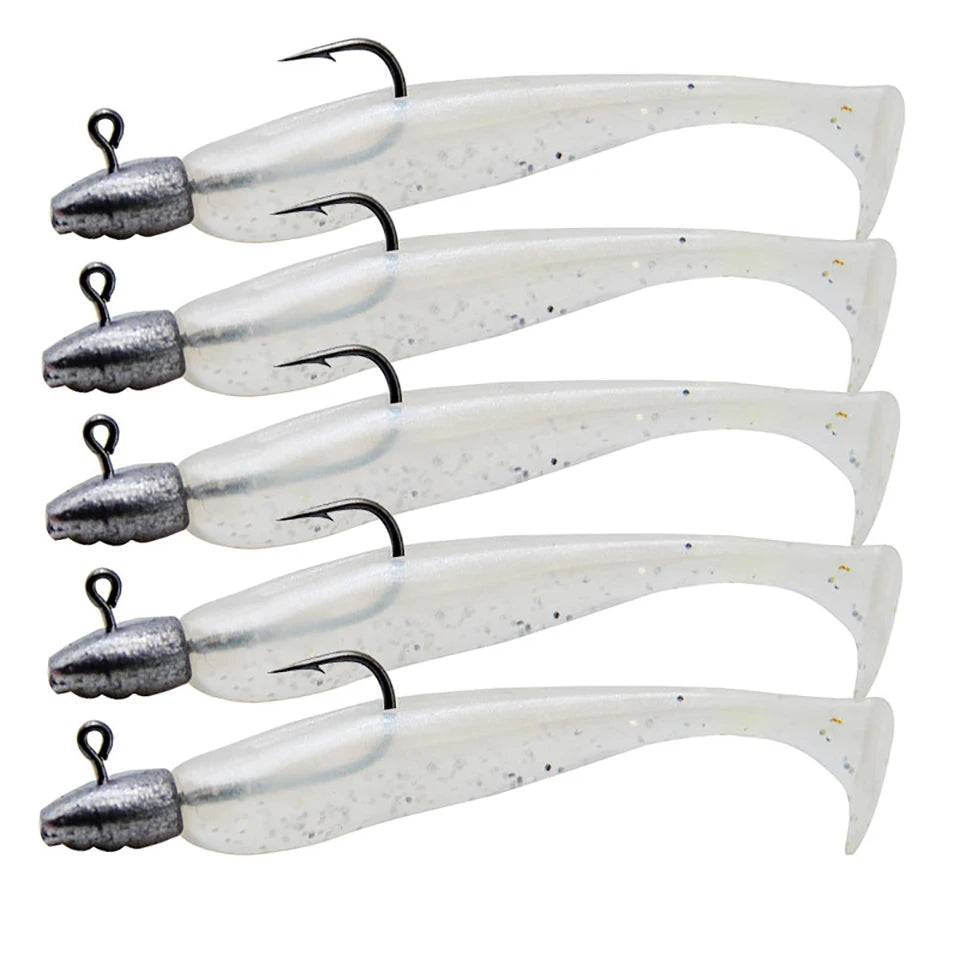 5pcs T-Tail Soft Lure Set with Jig Heads | Paddle Tail Swimbaits | Pre-Rigged Fishing Lures