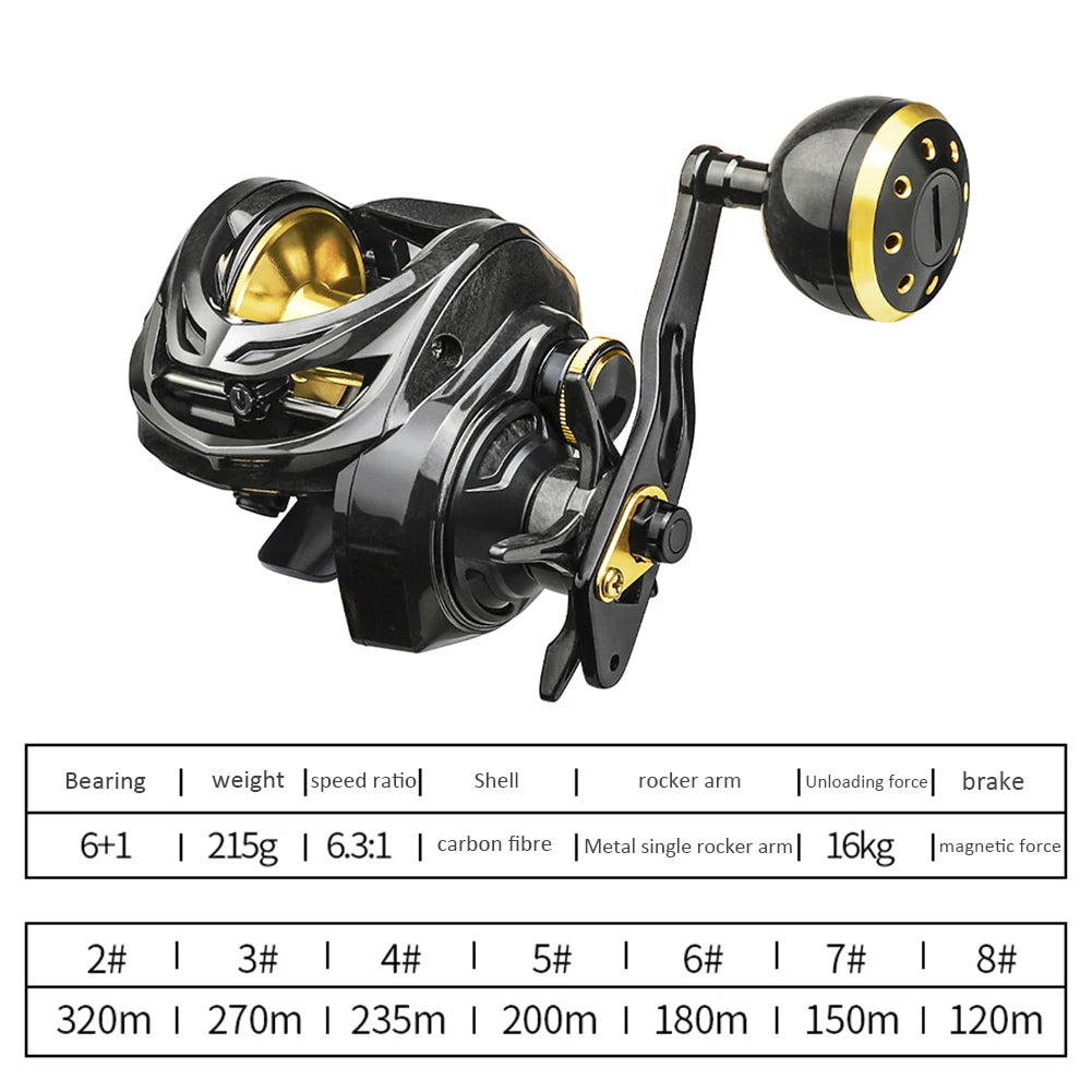All-Metal Baitcasting Reel | 16KG Max Drag | 6.3:1 Gear Ratio | Power Handle & Ball Grip | 6+1BB Saltwater Reel