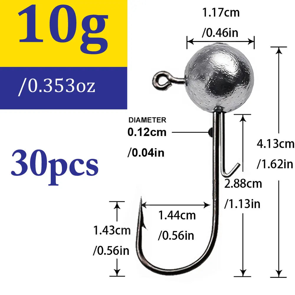 30-Piece Jig Head Hook Set | 1–20g Assorted Weights | Soft Plastic Fishing Hooks