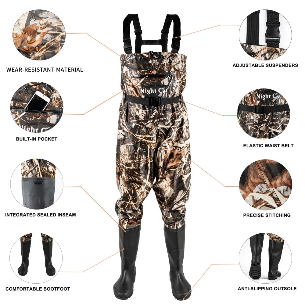 Night Cat Lightweight Waterproof Chest Waders with Boots | Adjustable Fishing Waders | Sizes 6.5–13