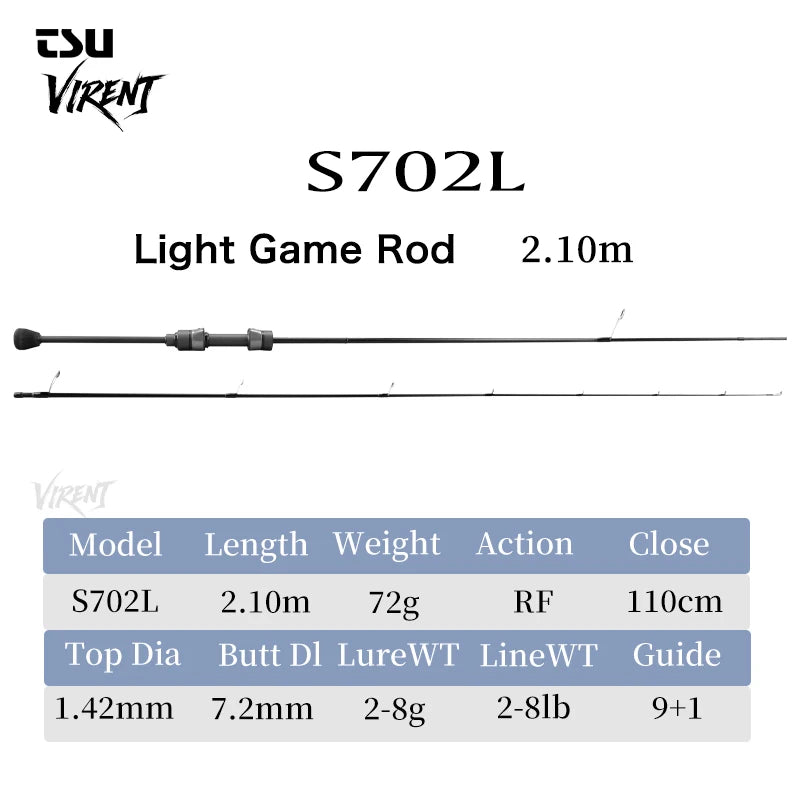TSURINOYA VIRENT S702L Light Game Fishing Rod | 2.10m 72g