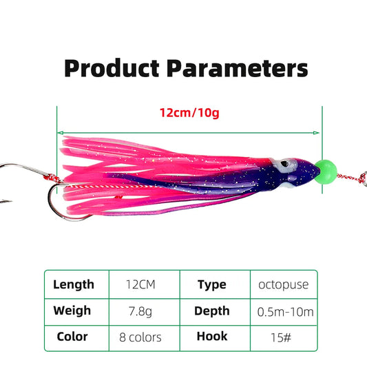 12cm Squid Jig Lure | 10g Octopus Skirt Bait with Double Hook | Saltwater Fishing Lure
