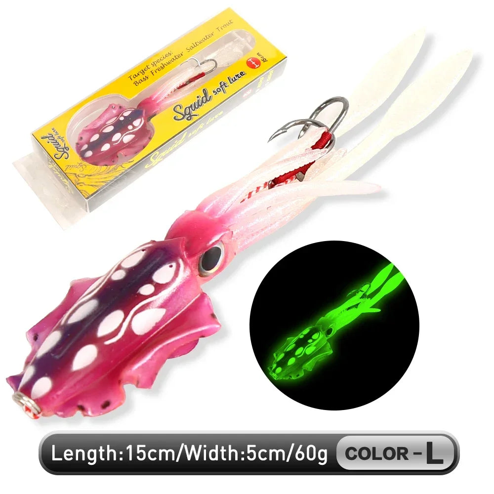 ZUKIBO Luminous Squid Soft Bait | 60g Octopus Head Jig | UV Glow | Deep Sea Trolling & Boat Fishing Lure