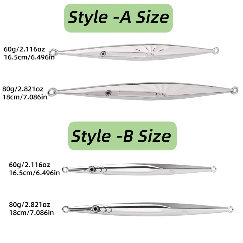 Long Slim Metal Jigs (5-Pack) | 60g / 80g | Electroplated Saltwater Jigs