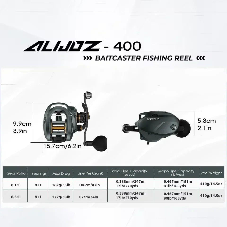 Piscifun Alijoz Alinox 400 Baitcasting Reel | Heavy-Duty 17kg Drag Aluminium Frame
