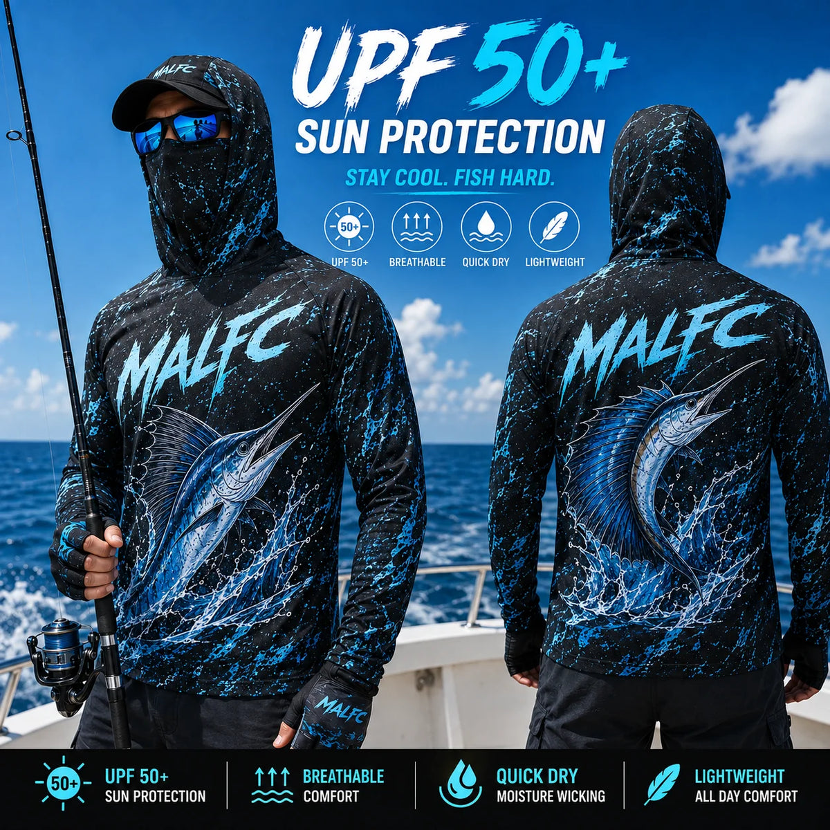 MALFC Men’s Hooded Long Sleeve Fishing Shirt | UV Sun Protection | S–3XL