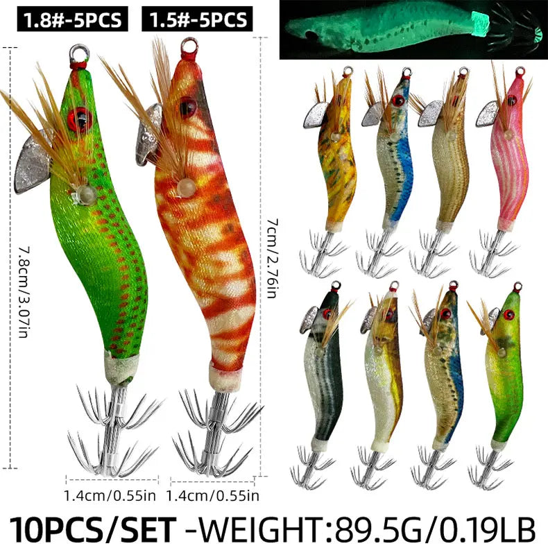 ShareShark Luminous Wooden Shrimp Squid Jigs | 10-Pack | 3D Eye Hard Squid Lures