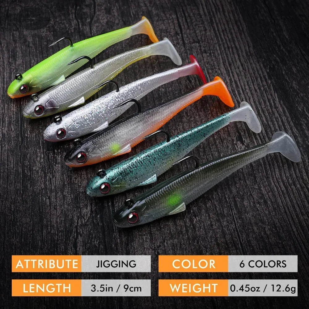 6pcs Paddle Tail Soft Lure Set | Luminous Two-Tone Shads | BKK Hook