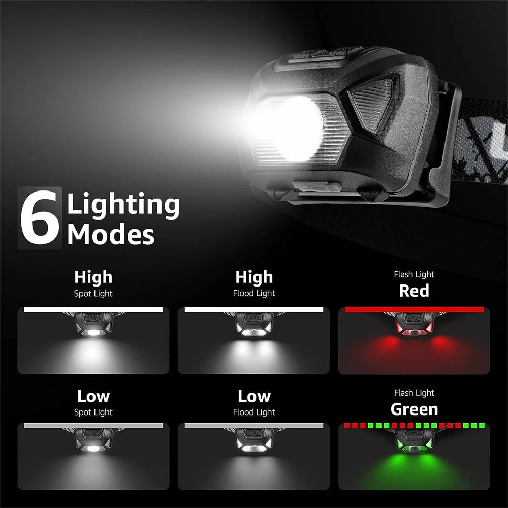 USB Rechargeable LED Headlamp | 6 Modes | Red & Green Light | IPX4 Waterproof | Fishing & Outdoor Use