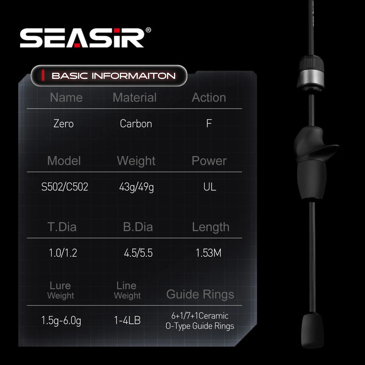 Seasir Zero BFS Ultralight Rod | 1.53m | 2-Piece | 1.5–6g Lures | Carbon Fiber Stream & River Rod