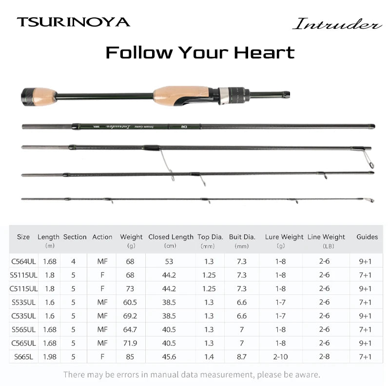 TSURINOYA INTRUDER Packable Fishing Rod | FUJI Components | UL Carbon Spinning & Casting Rod