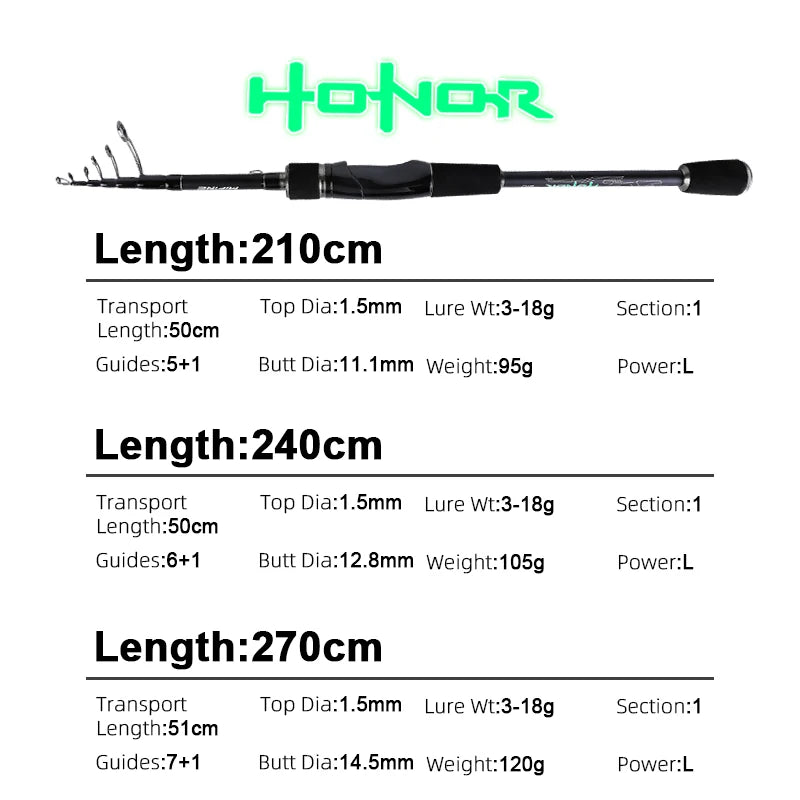 MIFINE HONOR Telescopic Fishing Rod | 24T Carbon | 2.1m / 2.4m / 2.7m Travel Spinning Rod