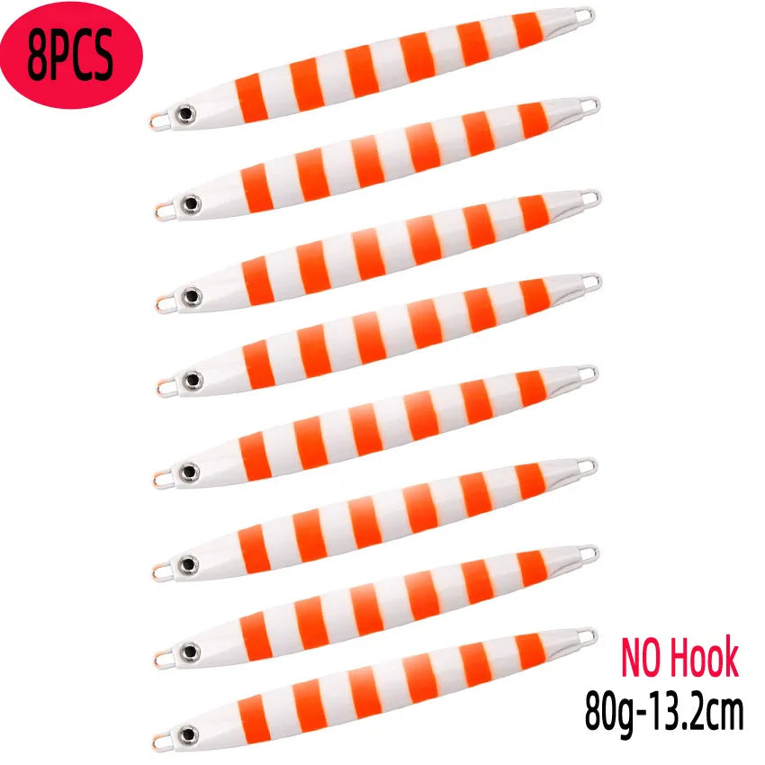 Slim Jig Set – 8 pcs 80 g Metal Jigs (Optional Hooks, Saltwater Ready)