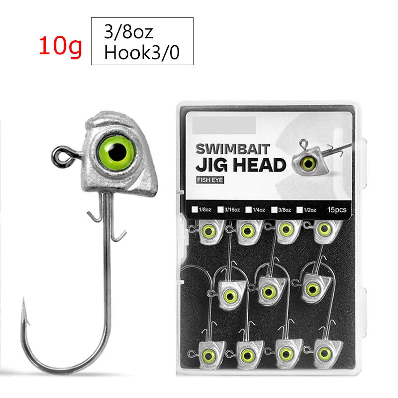 15pcs Jig Head Hook Set | 3.5g–14g Soft Plastic Jig Heads for Freshwater & Inshore Fishing