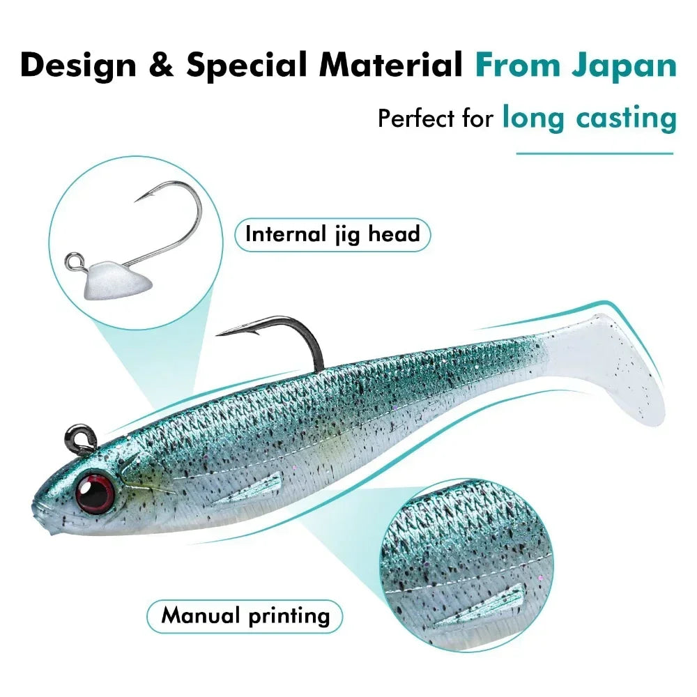 6pcs Paddle Tail Soft Lure Set | Luminous Two-Tone Shads | BKK Hook