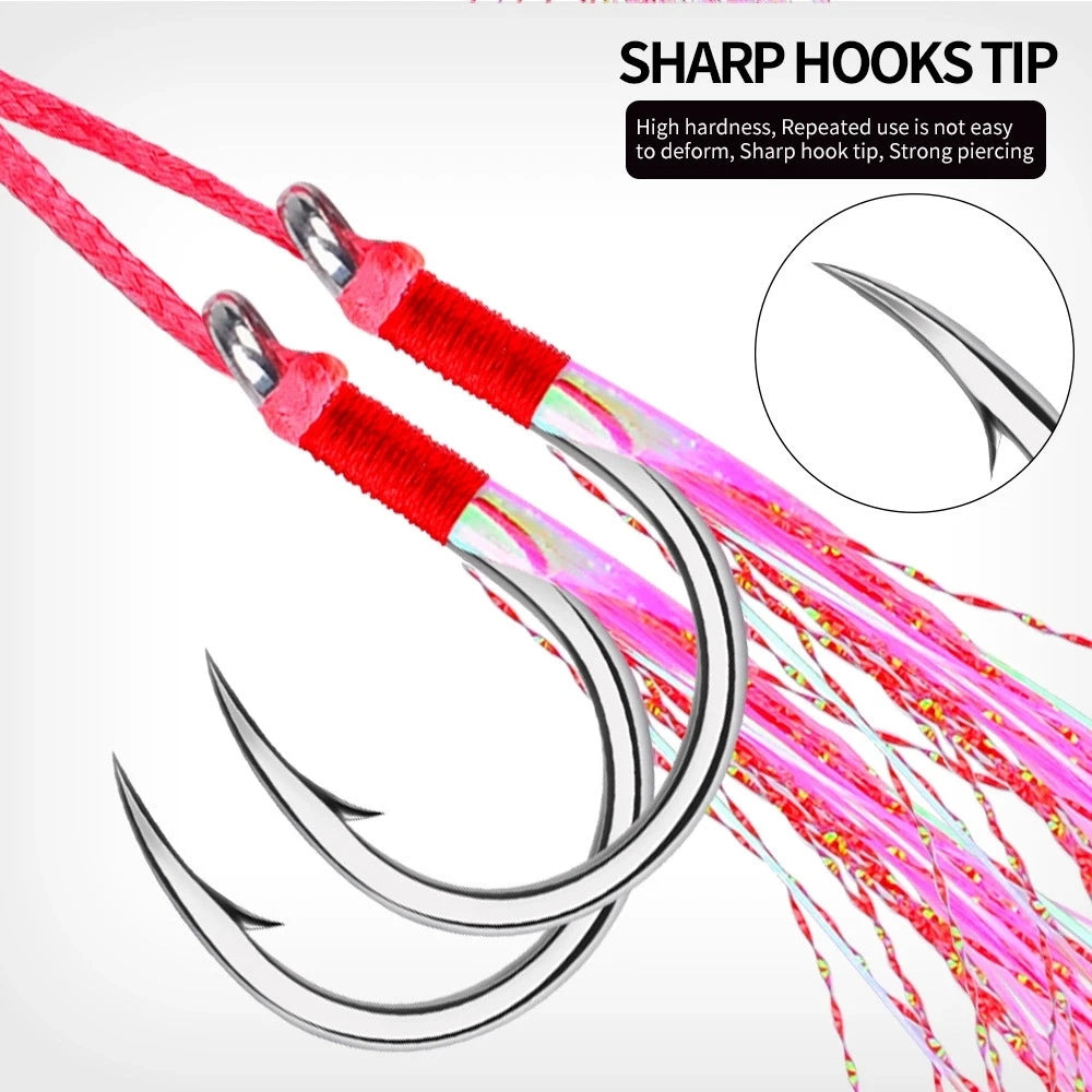 Double Barbed Assist Hooks (5 Pairs) | Pink Skirts | Saltwater Jigging Hooks
