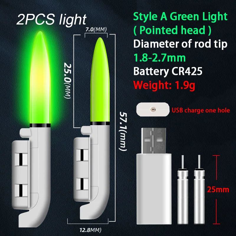 LED Rod Tip Lights – Rechargeable CR425 Lithium Bite Indicators (2-Pack, USB Charging)