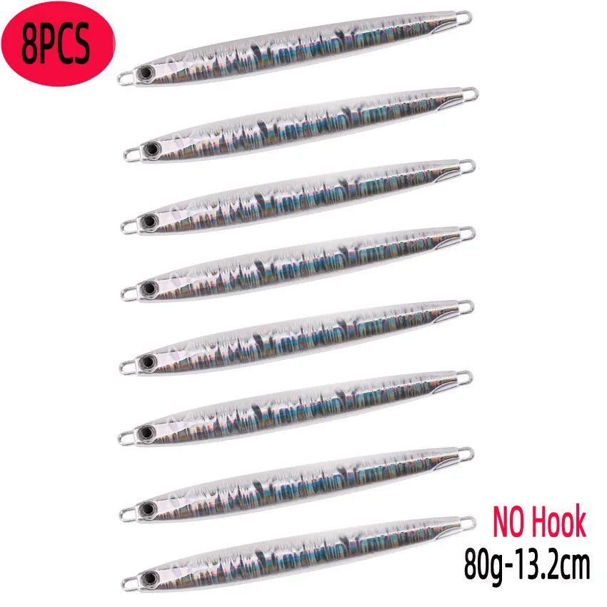 Slim Jig Set – 8 pcs 80 g Metal Jigs (Optional Hooks, Saltwater Ready)