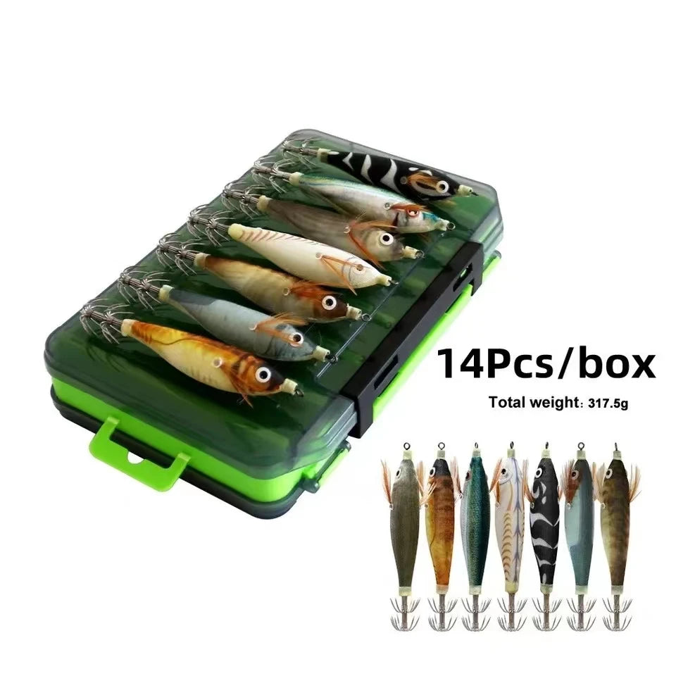 Luminous Wooden Squid Jigs (14-Pack) | 10cm 9g | Shrimp Body | 3D Eyes | Squid, Octopus & Cuttlefish Lures