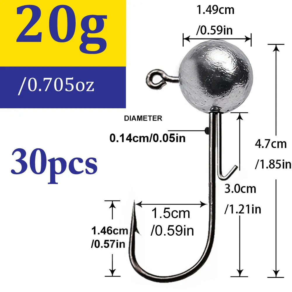 30-Piece Jig Head Hook Set | 1–20g Assorted Weights | Soft Plastic Fishing Hooks