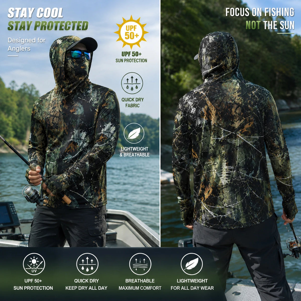 Men’s Hooded Long Sleeve Fishing Shirt | Lightweight UV Sun Protection Fishing Shirt