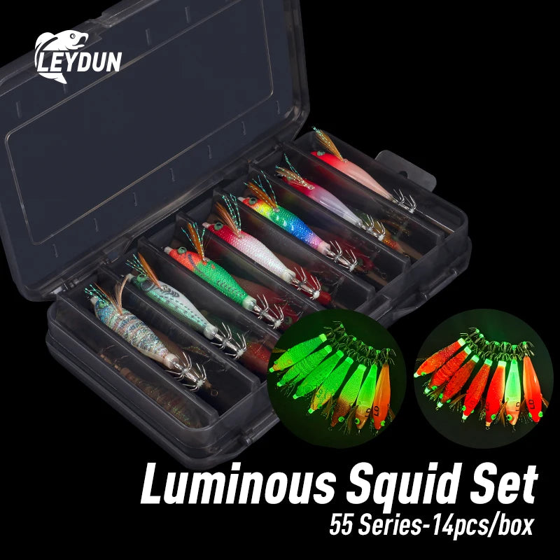 LEYDUN Wooden Squid Jigs Set (14-Pack) | Horizontal Shrimp Body | Luminous Eyes | BKK Hooks | Squid & Cuttlefish Lures