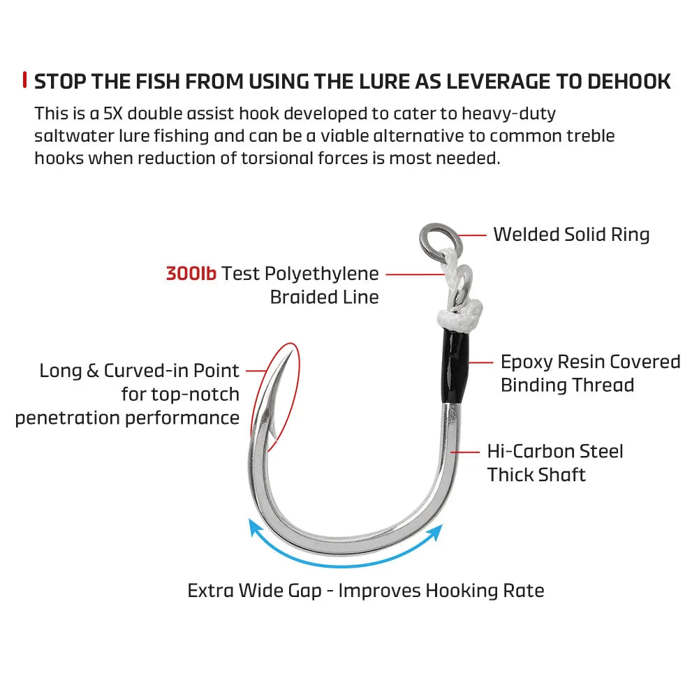 NOEBY Plugging Inline Single Assist Hooks | 4-Pack | 4/0–7/0 | 300lb PE