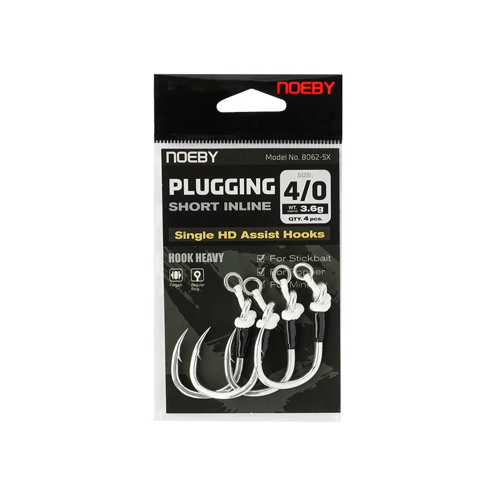 NOEBY Plugging Inline Single Assist Hooks | 4-Pack | 4/0–7/0 | 300lb PE