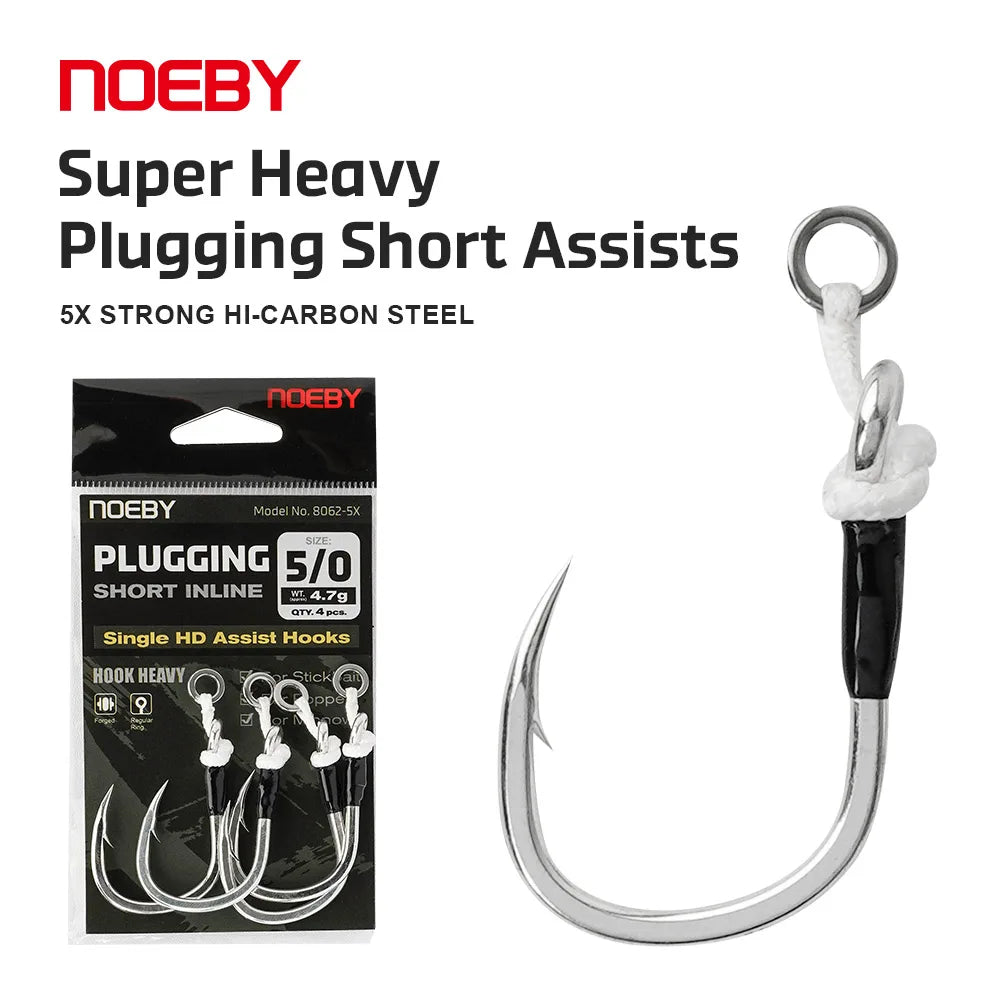 NOEBY Plugging Inline Single Assist Hooks | 4-Pack | 4/0–7/0 | 300lb PE