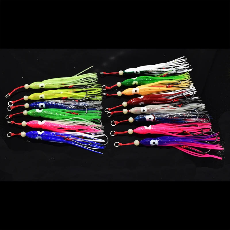 6-Piece Soft Squid Assist Hook Set – 12 cm / 5.5 g Silicone Skirt Rigs (15# Double Hooks, Saltwater)