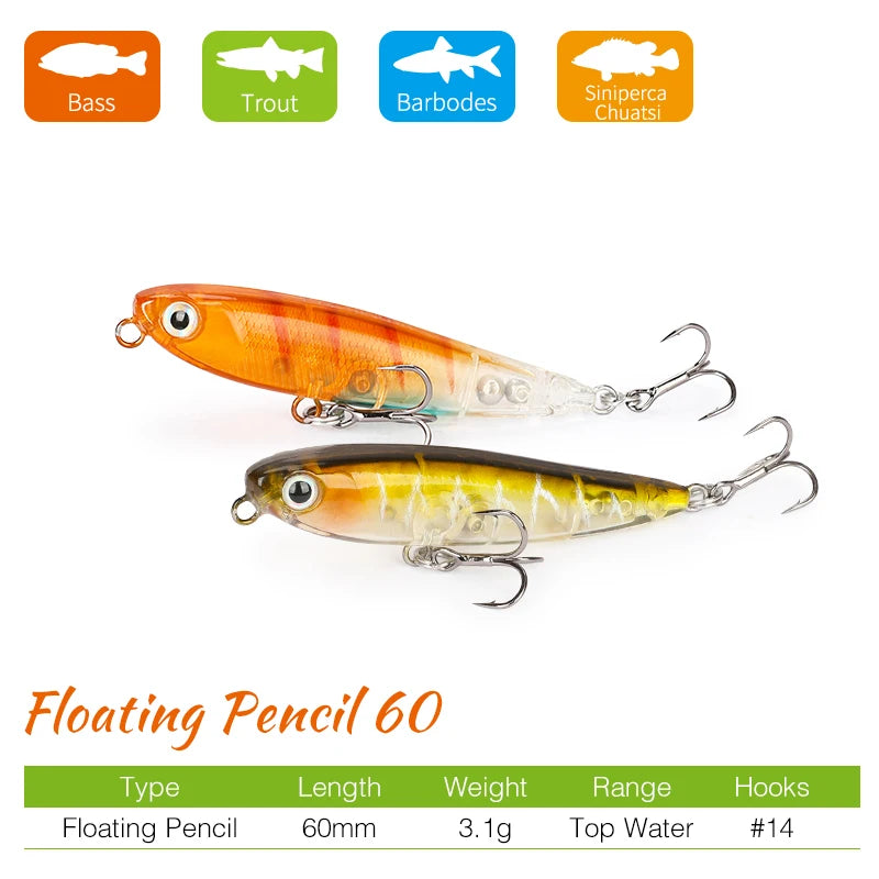 TSURINOYA DW64 Topwater Pencil Lure | 60mm 3.1g Floating Walk-the-Dog Hardbody