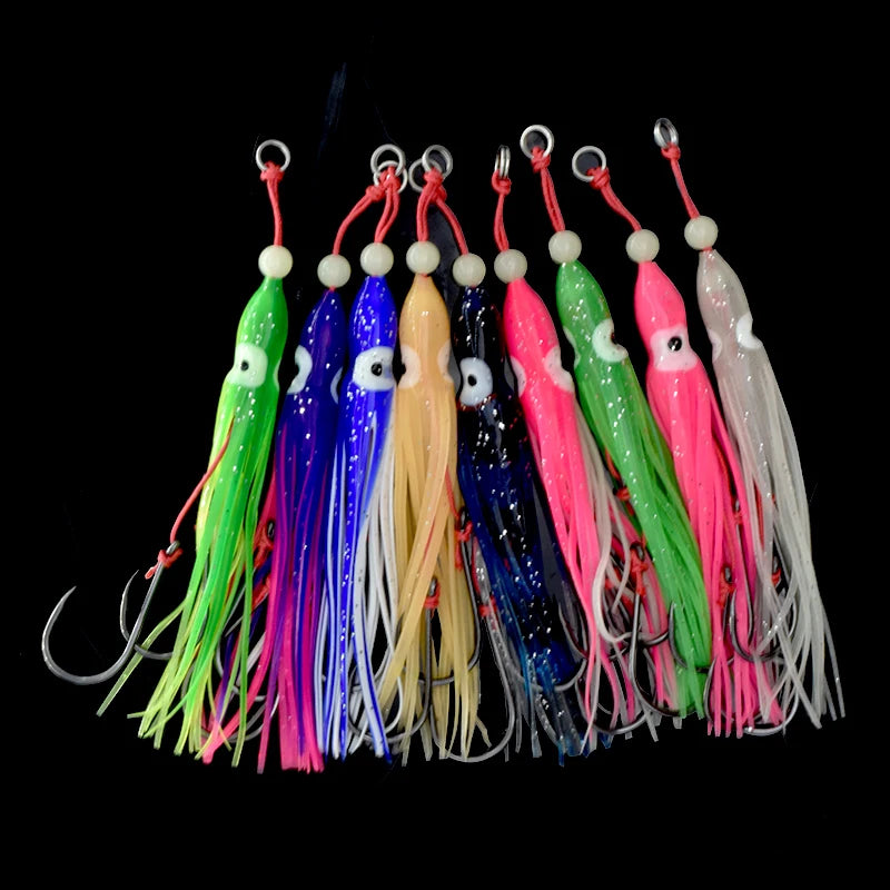 6-Piece Soft Squid Assist Hook Set – 12 cm / 5.5 g Silicone Skirt Rigs (15# Double Hooks, Saltwater)