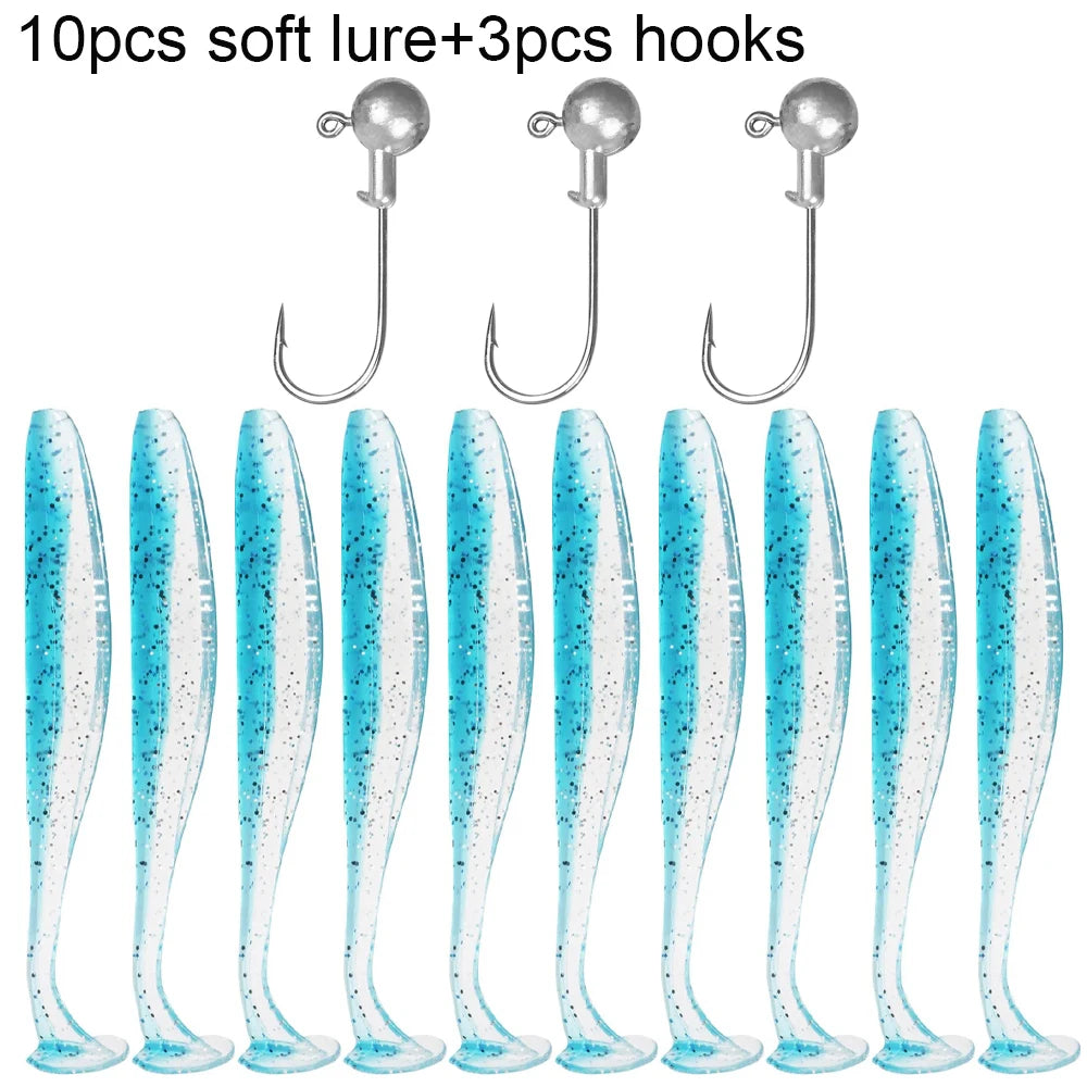Soft Plastic Lure Kit | 10pcs T-Tail Worms + 3 Jig Heads | 5.5cm–10cm Swimbait Set