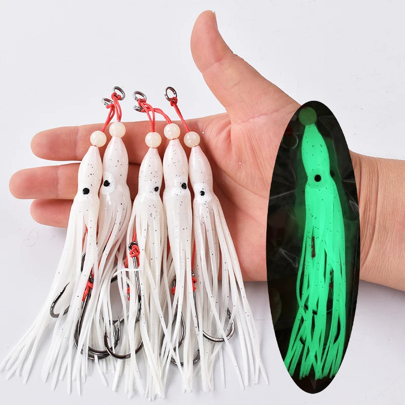 6-Piece Soft Squid Assist Hook Set – 12 cm / 5.5 g Silicone Skirt Rigs (15# Double Hooks, Saltwater)
