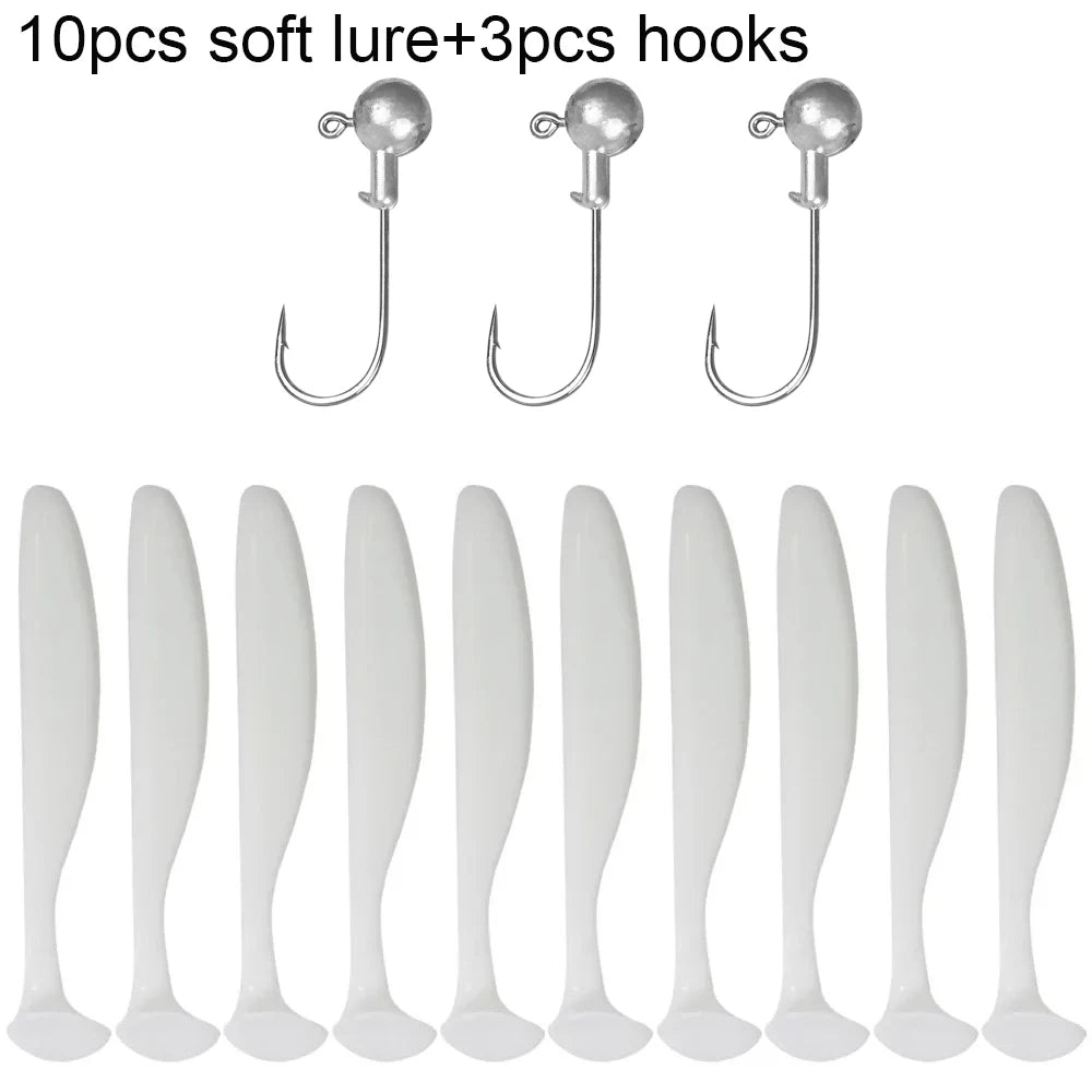 Soft Plastic Lure Kit | 10pcs T-Tail Worms + 3 Jig Heads | 5.5cm–10cm Swimbait Set