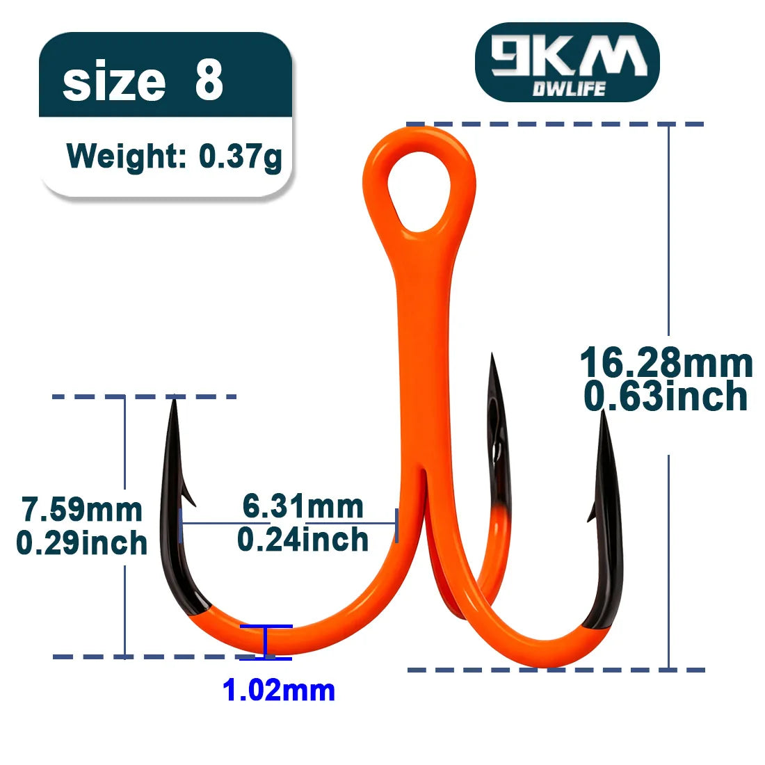 9KM Orange UV Treble Hooks | 2X Strong Replacement Triple Hooks | 5–10pcs